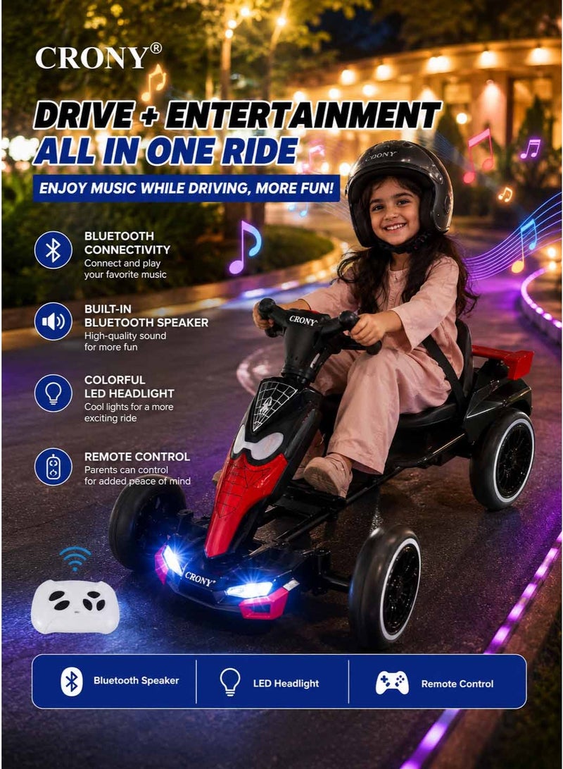 Crony T3 Kids Electric Go-Kart Ride-On Toy with Remote Control, Spider-Man Theme,CRONY T3 Kids Electric Go Kart with Remote Control - Spider-Man Style Ride-On Toy Car for Toddlers, 4-Wheel Battery Powered Drift Kart with LED Headlights, Adjustable Seat Belt & Parental Safety Remote, Fun Outdoor Electric Vehicle for Boys & Girls Aged 2-6 Years Old, Red & Blue Superhero Racing Car for Active Play,Black Spider - Image 2
