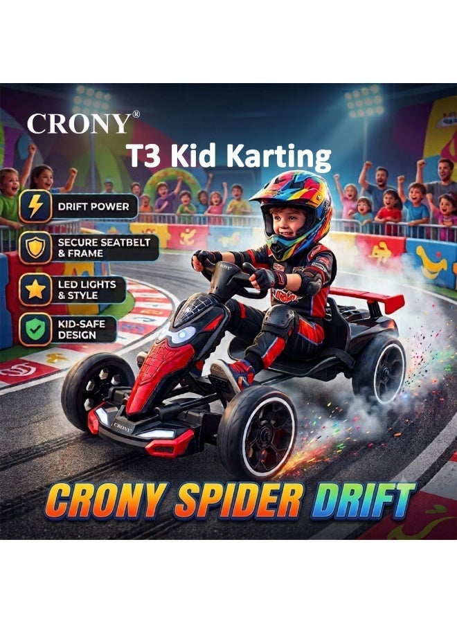 Crony T3 Kids Electric Go-Kart Ride-On Toy with Remote Control, Spider-Man Theme,CRONY T3 Kids Electric Go Kart with Remote Control - Spider-Man Style Ride-On Toy Car for Toddlers, 4-Wheel Battery Powered Drift Kart with LED Headlights, Adjustable Seat Belt & Parental Safety Remote, Fun Outdoor Electric Vehicle for Boys & Girls Aged 2-6 Years Old, Red & Blue Superhero Racing Car for Active Play,Black Spider - Image 4