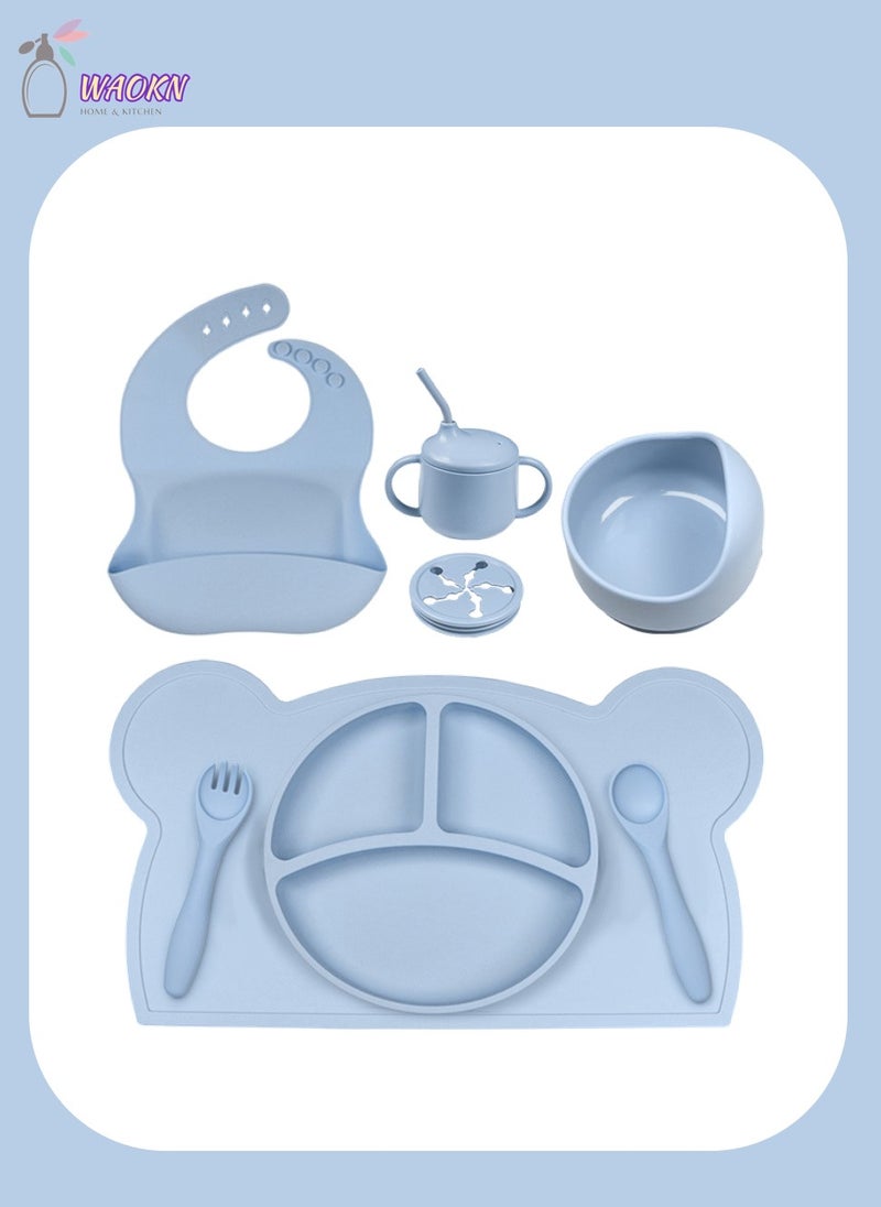 WAOKN 8-Piece Baby Silicone Tableware Set, Special For Infants To Eat Their Own Training Tableware Set, Including Dinner Plate, Complementary Food Bowl, Sippy Cup, Bib, Placemat, Fork, Spoon, Snack Cover  - Image 1