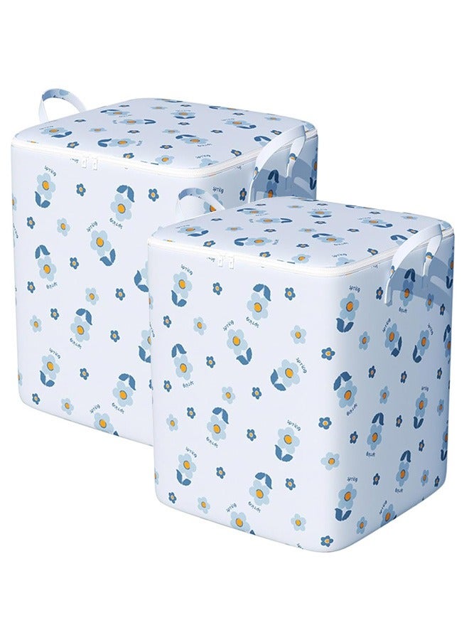 XiuWoo 180L Fabric Quilt Storage Bag Quilt Bag Clothes Storage Bag Large Capacity Flower Print Double Handle Dustproof Moisture-Proof Quilt Organizer Blue  - Image 1