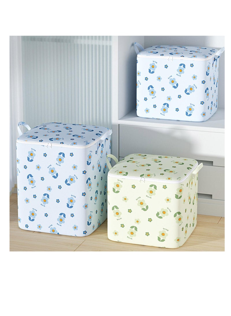 XiuWoo 180L Fabric Quilt Storage Bag Quilt Bag Clothes Storage Bag Large Capacity Flower Print Double Handle Dustproof Moisture-Proof Quilt Organizer Blue  - Image 4