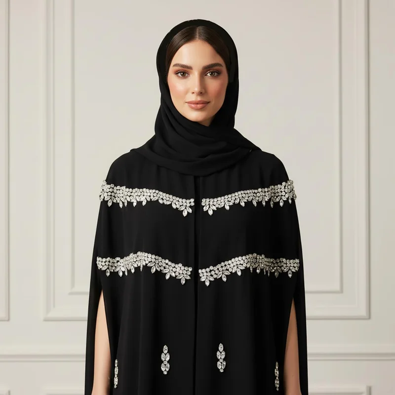نخبة Embroidered Cape Abaya – Crepe Fabric-945