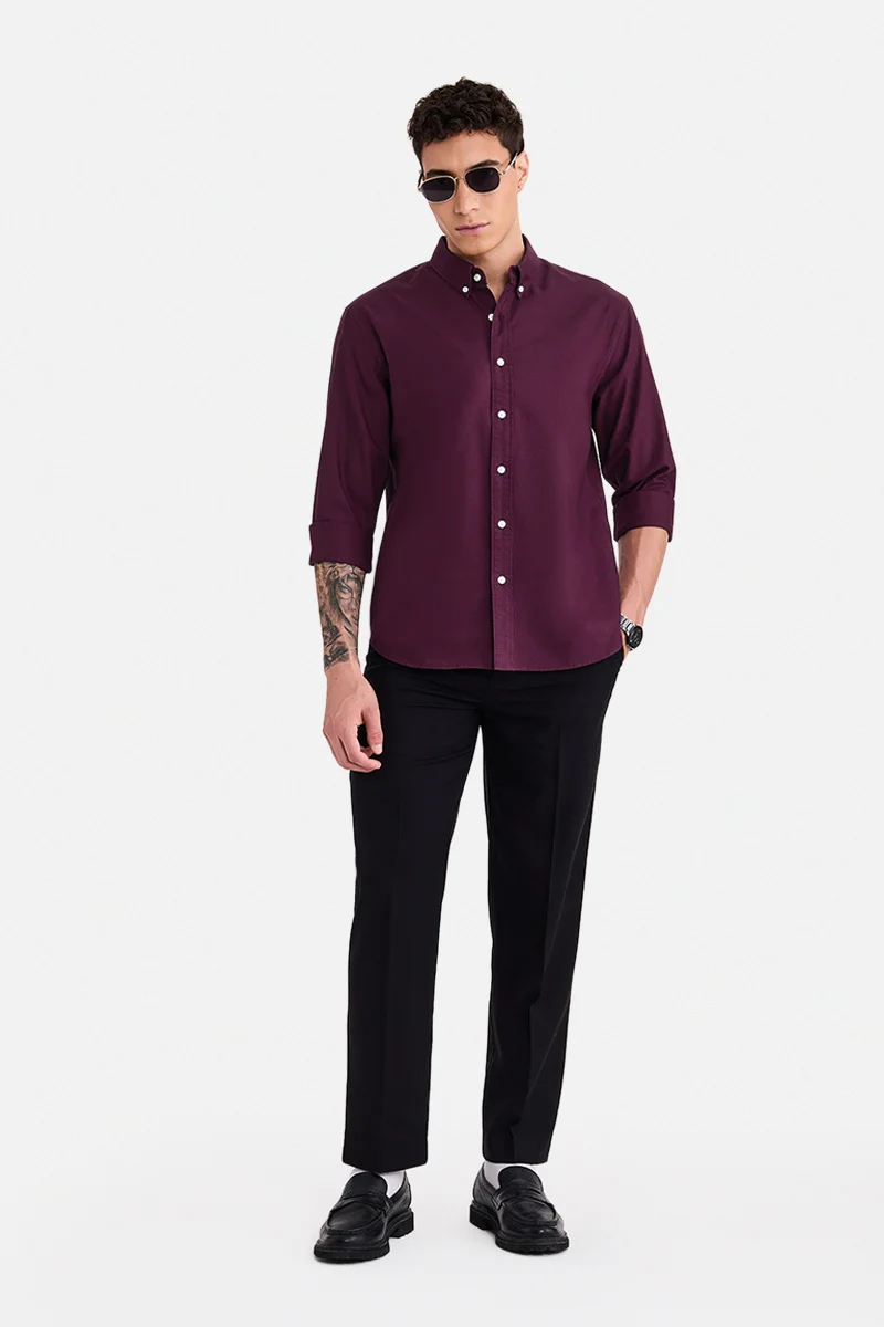 SNITCH Maroon Textured Long Sleeve Regular Fit Shirt