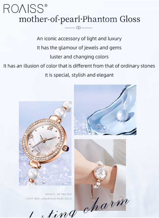 roaiss - Women's Pearl Bracelet Strap Quartz Watch Analog Display Round Dial Decorated with Diamonds Waterproof Stylish Wristwatch as Gift for Ladies - Image 1
