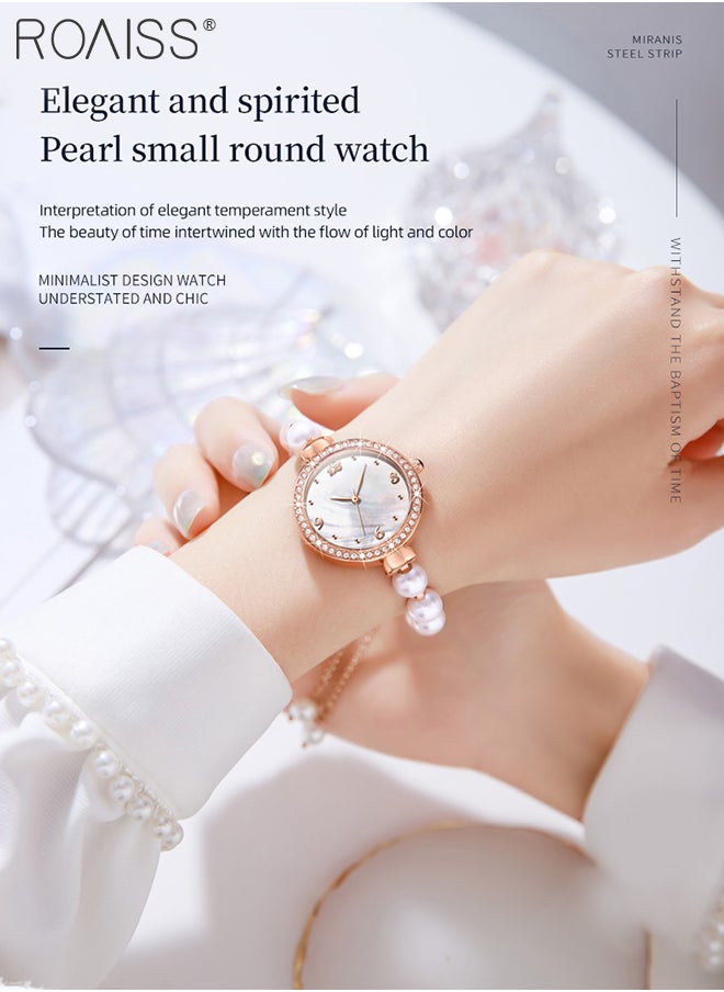 roaiss - Women's Pearl Bracelet Strap Quartz Watch Analog Display Round Dial Decorated with Diamonds Waterproof Stylish Wristwatch as Gift for Ladies - Image 1