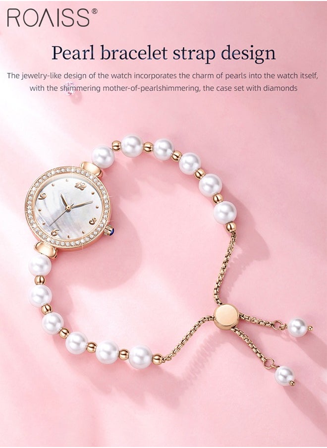 roaiss - Women's Pearl Bracelet Strap Quartz Watch Analog Display Round Dial Decorated with Diamonds Waterproof Stylish Wristwatch as Gift for Ladies - Image 1