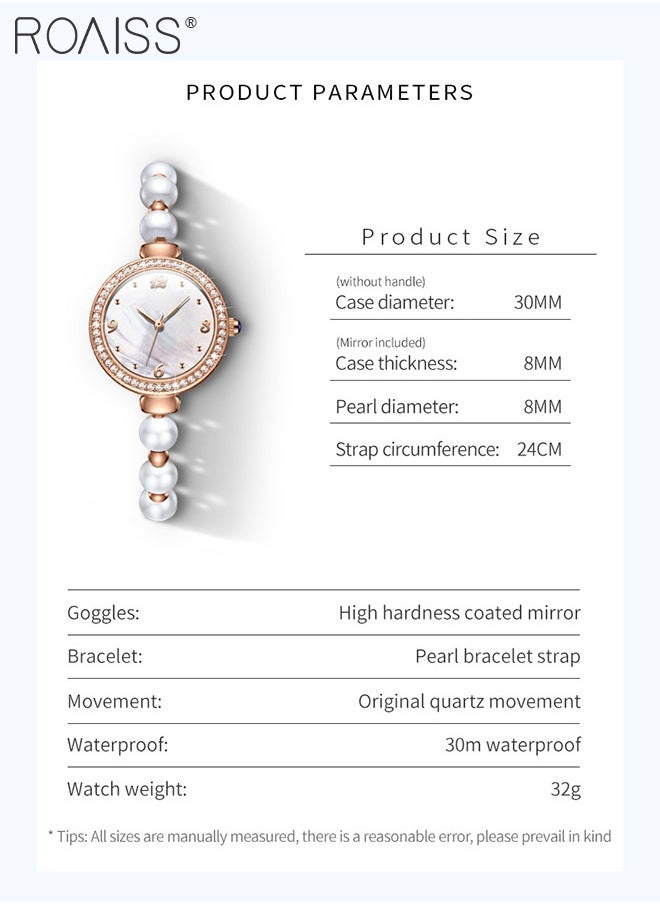 roaiss - Women's Pearl Bracelet Strap Quartz Watch Analog Display Round Dial Decorated with Diamonds Waterproof Stylish Wristwatch as Gift for Ladies - Image 1