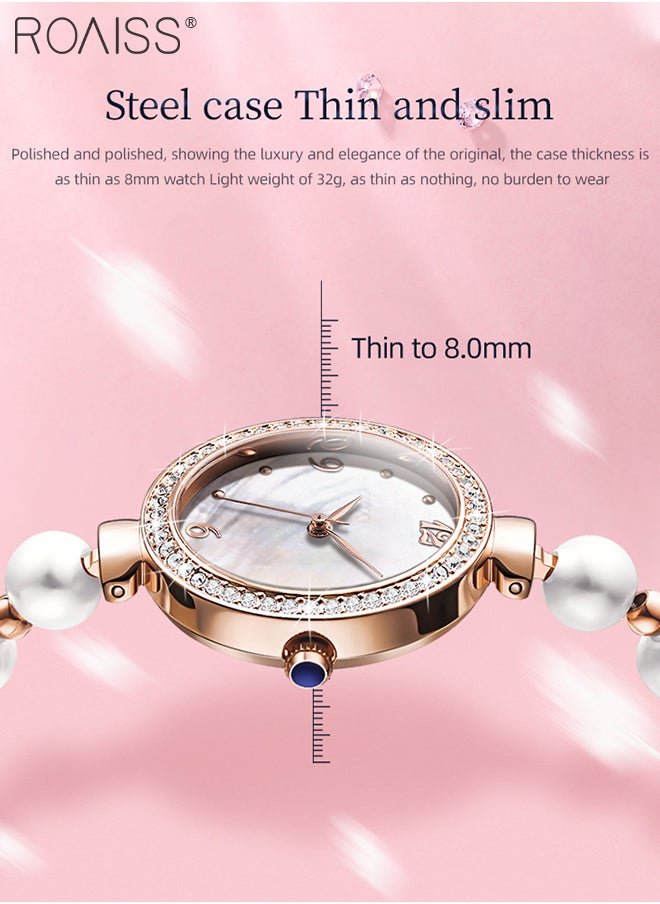 roaiss - Women's Pearl Bracelet Strap Quartz Watch Analog Display Round Dial Decorated with Diamonds Waterproof Stylish Wristwatch as Gift for Ladies - Image 1