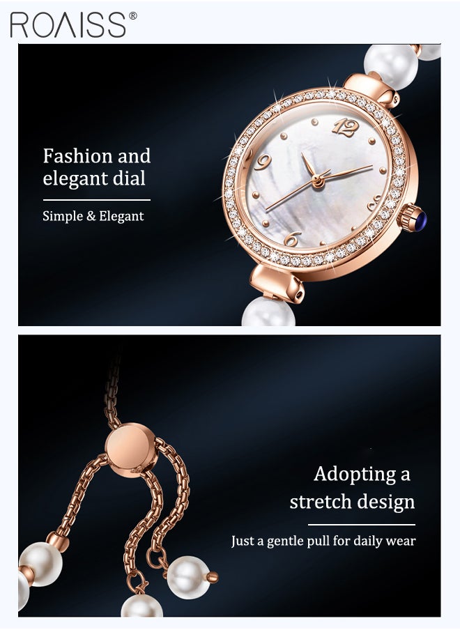 roaiss - Women's Pearl Bracelet Strap Quartz Watch Analog Display Round Dial Decorated with Diamonds Waterproof Stylish Wristwatch as Gift for Ladies - Image 1