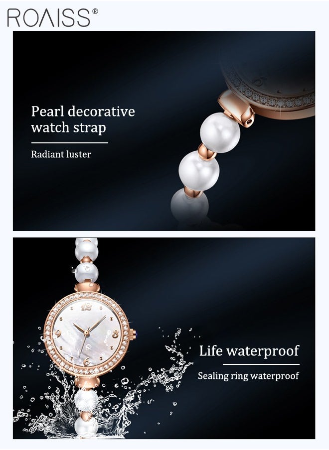 roaiss - Women's Pearl Bracelet Strap Quartz Watch Analog Display Round Dial Decorated with Diamonds Waterproof Stylish Wristwatch as Gift for Ladies - Image 1