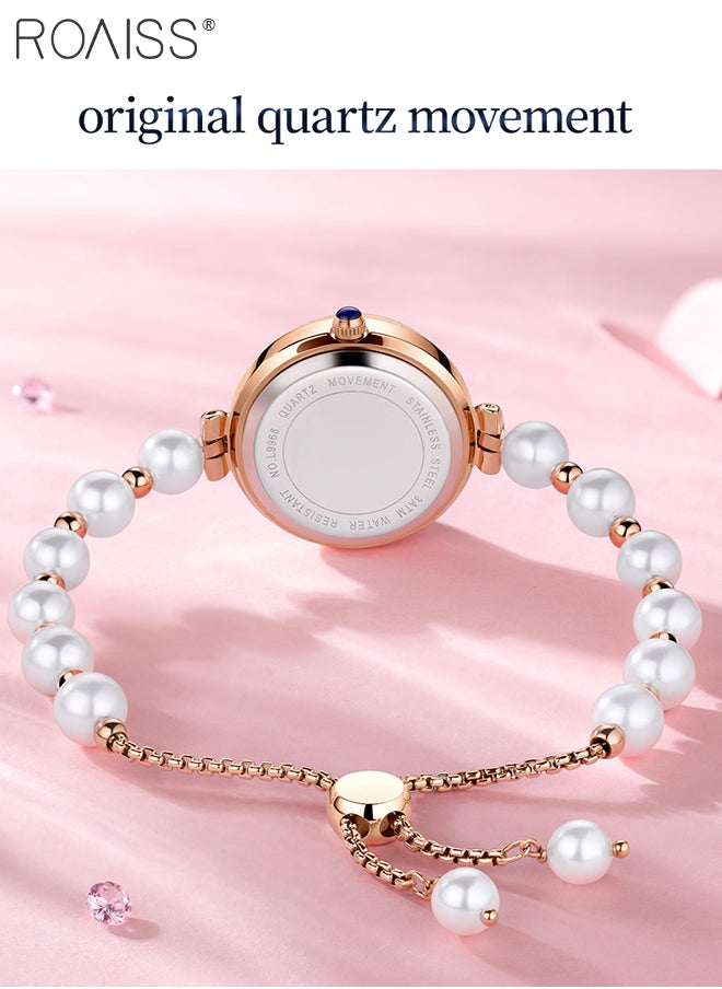 roaiss - Women's Pearl Bracelet Strap Quartz Watch Analog Display Round Dial Decorated with Diamonds Waterproof Stylish Wristwatch as Gift for Ladies - Image 1
