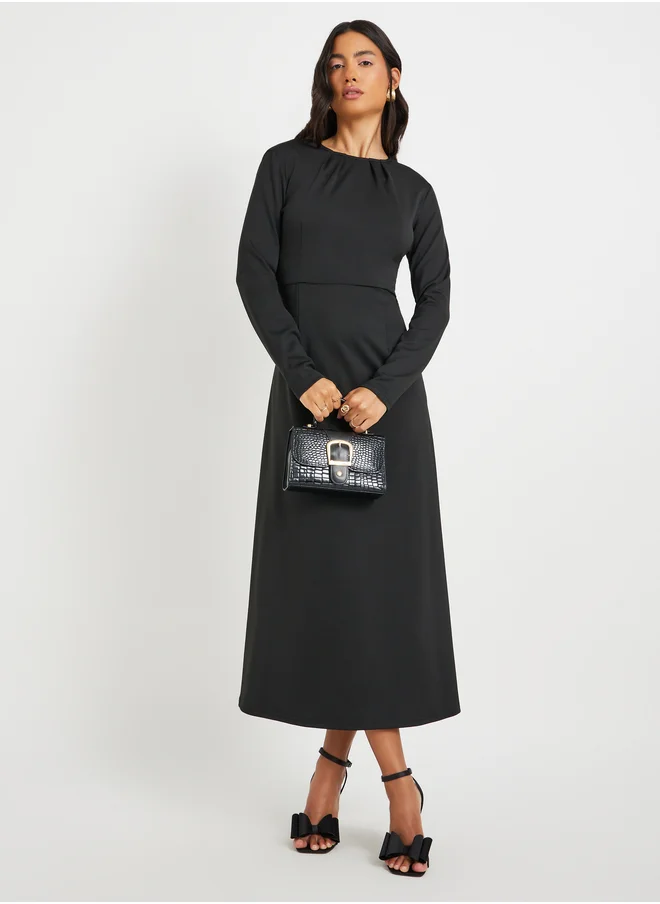 ستايلي Solid Long Sleeve A-Line Midi Dress with Waist Chain Detail