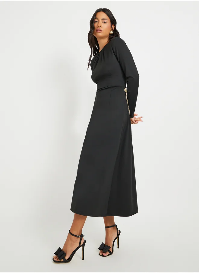 ستايلي Solid Long Sleeve A-Line Midi Dress with Waist Chain Detail