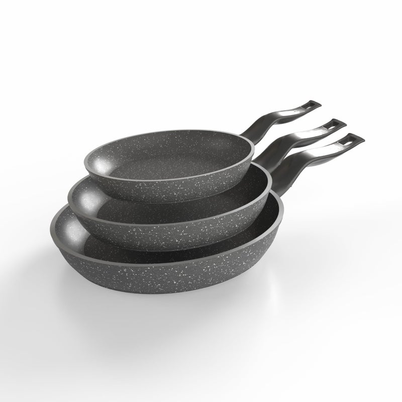 Terynova Granite Frying Pan 3-Piece Set in Grey with a durable body for even heat distribution. Premium non-stick granite coating ensures easy cooking and effortless cleaning.