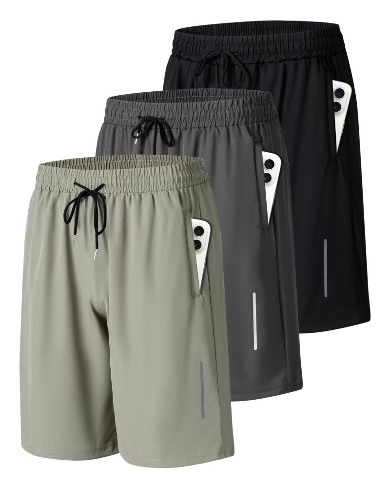 JWJ 3 Pack Mens Athletic Gym Workout Shorts Lightweight Quick Dry 9 inch Inseam Running Shorts for Men Activewear Basketball Short with Zipper Pockets Black Dark Grey Army XL - Image 1