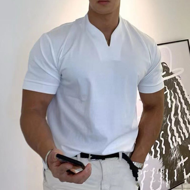 2022 foreign trade muscle fitness plus size sports T-shirt men's fashion Korean version trend loose V-neck short-sleeved summer white XXXL