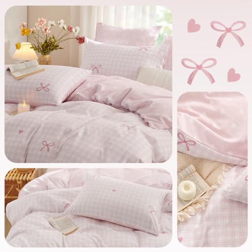 Erwinmu Gingham Comforter Set Queen Size,3 Pieces Pink Plaid Bow Ties Comforter Bedding Sets Reversible Pattern for Girls Kids,Cozy Breathable Microfiber Comforter and 2 Pillowcases - Image 5