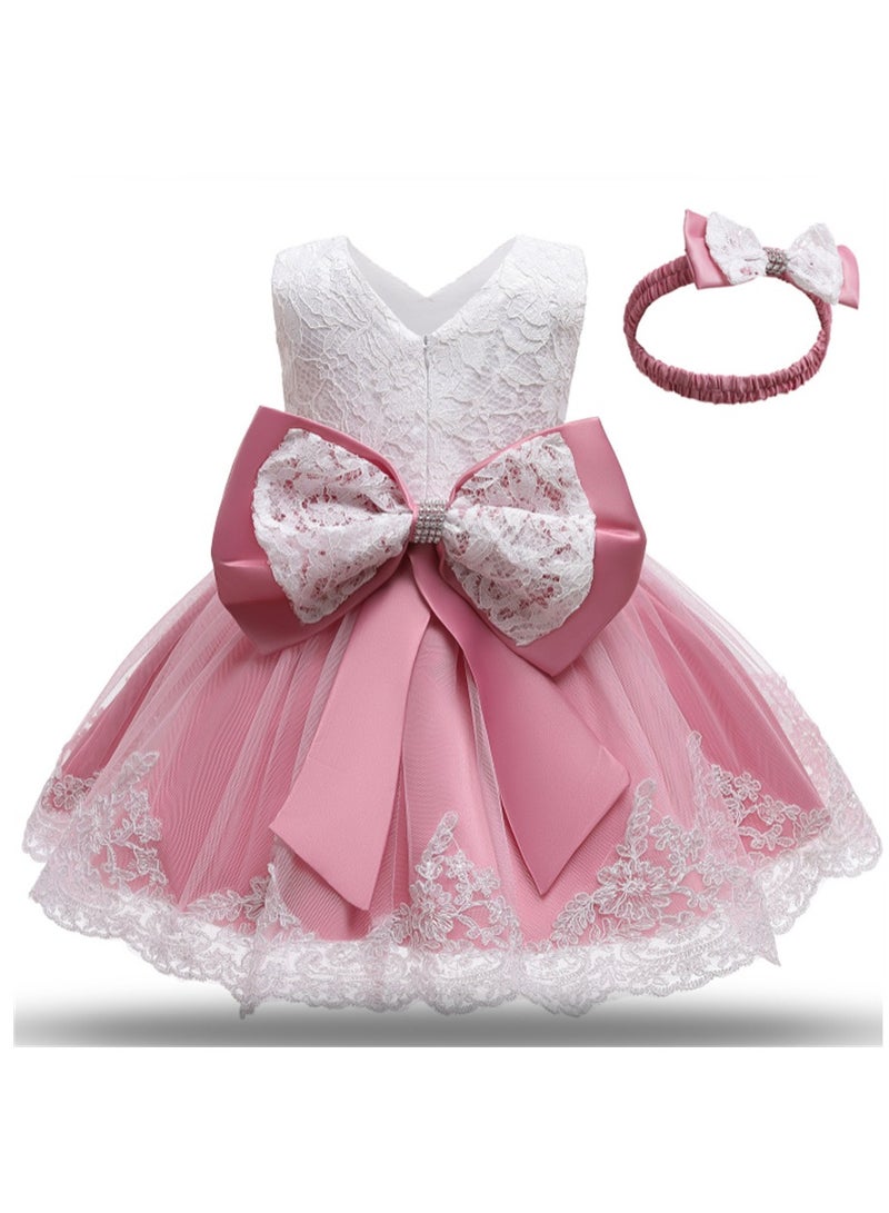 Girls' Dress Gauze Cake Pompadour Dress Bow Princess Hair band Dress Pink - Image 1