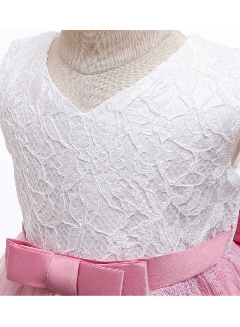 Girls' Dress Gauze Cake Pompadour Dress Bow Princess Hair band Dress Pink - Image 3