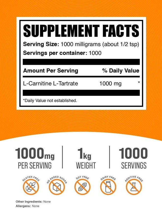 BULKSUPPLEMENTS.COM L-Carnitine Tartrate Powder - Carnitine Supplement, L-Carnitine L-Tartrate, L Carnitine 1000mg - Unflavored & Gluten Free, 1000mg per Serving, 1kg (2.2 lbs) (Pack of 1) - Image 2