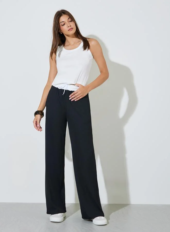 ستايلي Black Contrast Waistband Wide Leg Pants
