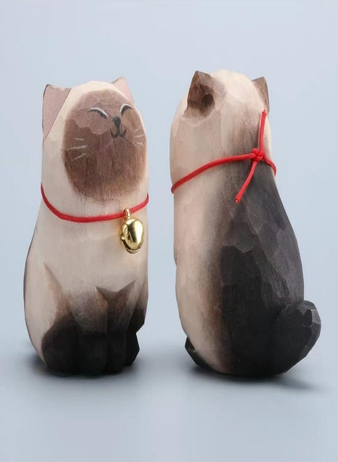 INF-STAR Handmade Wooden Siamese Cat Sculpture – Small 2.2" Carved Siamese Cat Figurine – Rustic Wood Décor Accent for Home or Office - Image 1
