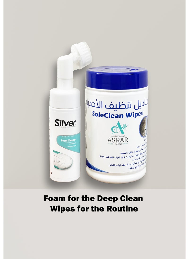 Silver Shoe Cleaning Kit: Deep-Cleansing Foam with Scrubber & 100 SoleClean Wipes - Image 4