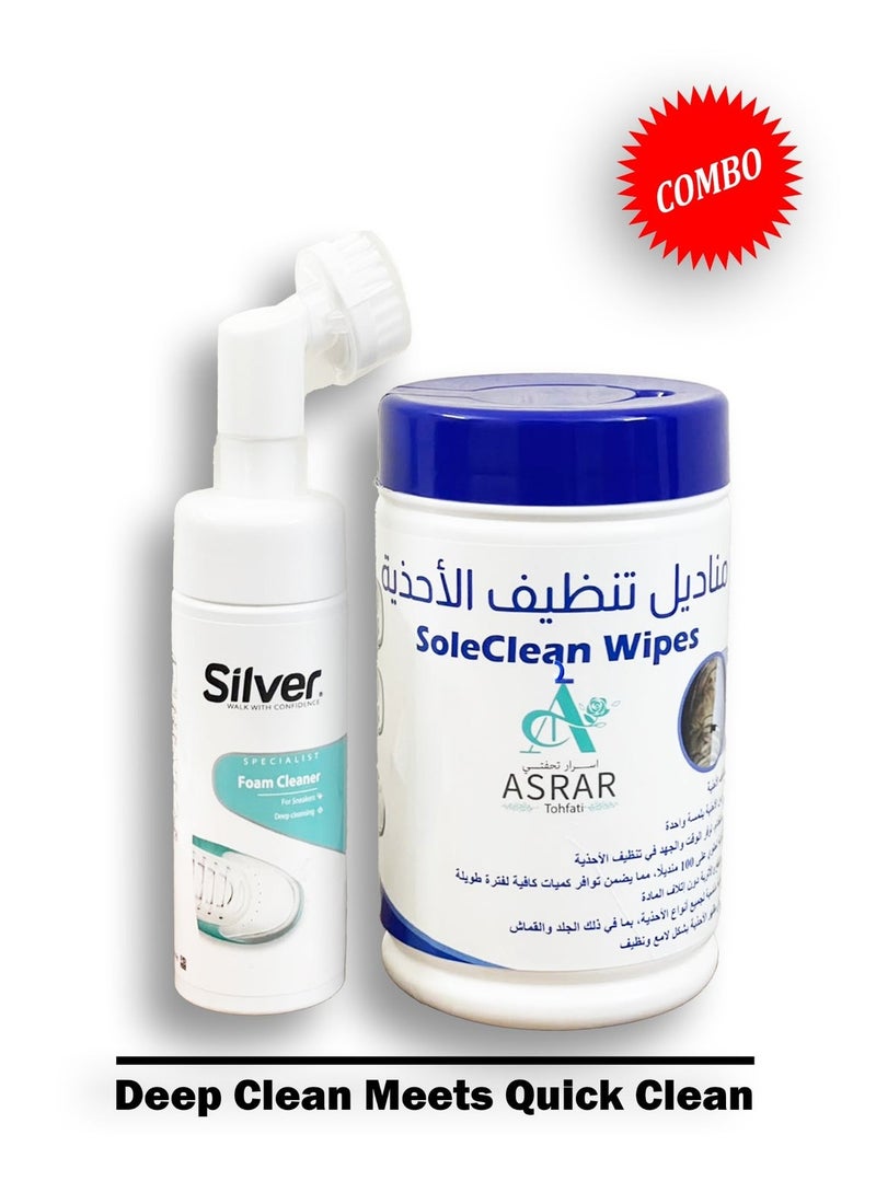 Silver Shoe Cleaning Kit: Deep-Cleansing Foam with Scrubber & 100 SoleClean Wipes - Image 1