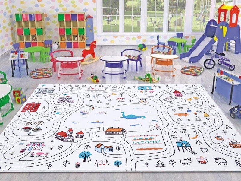 Estmy Washable City Road Map Kids Play Rugs Non Slip, 4x6 Cute Whimsical Nursery Rugs for Girls Boys Bedroom, Thin Pile Soft Stain Resistant Toy Car Play Mat Gift, Fun Classroom Playroom Carpet - Image 3