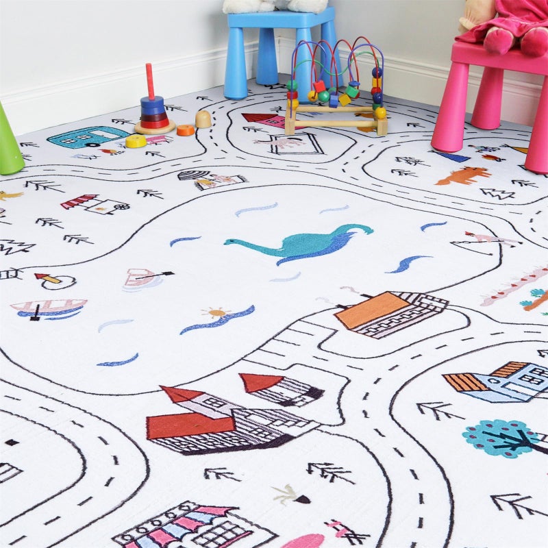 Estmy Washable City Road Map Kids Play Rugs Non Slip, 4x6 Cute Whimsical Nursery Rugs for Girls Boys Bedroom, Thin Pile Soft Stain Resistant Toy Car Play Mat Gift, Fun Classroom Playroom Carpet - Image 1