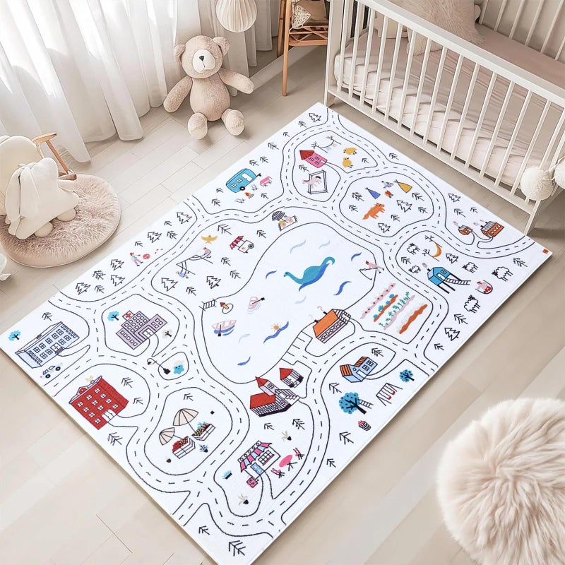 Estmy Washable City Road Map Kids Play Rugs Non Slip, 4x6 Cute Whimsical Nursery Rugs for Girls Boys Bedroom, Thin Pile Soft Stain Resistant Toy Car Play Mat Gift, Fun Classroom Playroom Carpet - Image 2