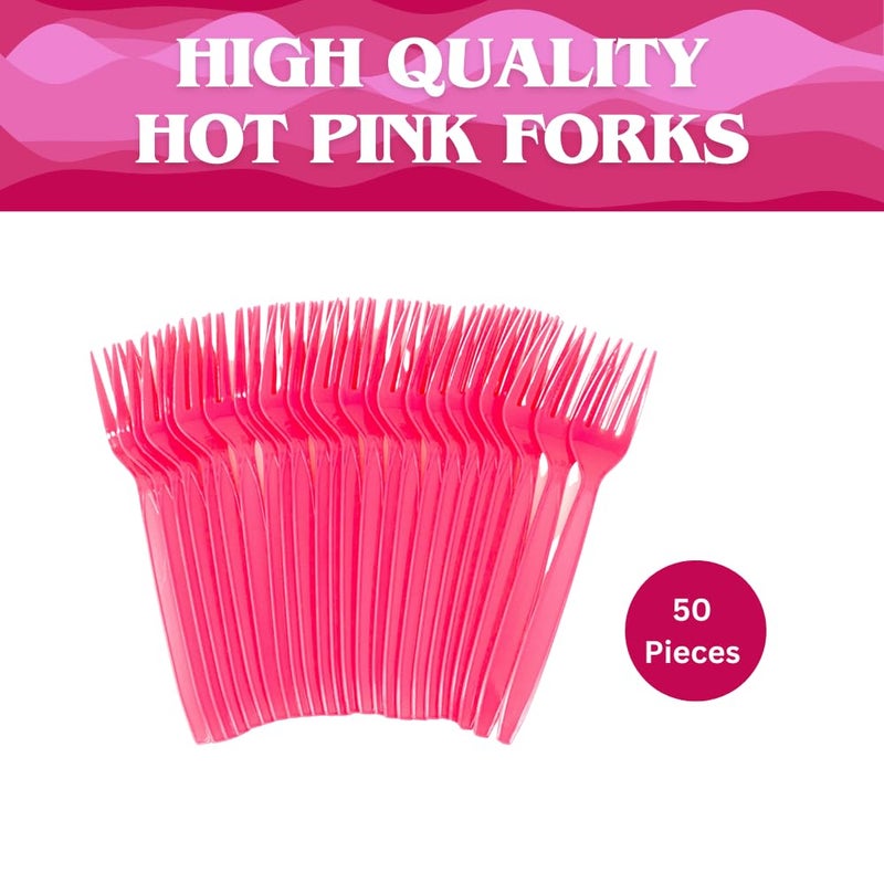 Blue Orchards شوكات بلاستيكية وردية ساخنة (50 قطعة) - شوكات وردية ساخنة للحفلات  أدوات بلاستيكية خفيفة  شوكات ملونة  أدوات بلاستيكية  أدوات مائدة قابلة للتخلص للحفلات  شوكات بلاستيكية للحفلات  بساتين زرقاء - Image 1