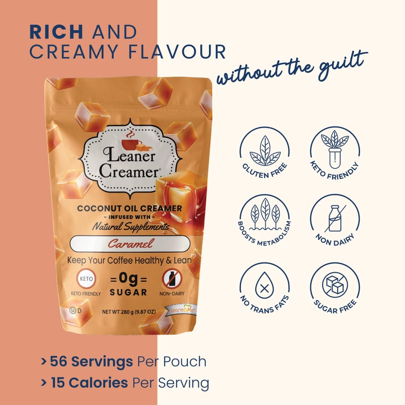 Leaner Creamer كريم ليتر كريمر كريمة جوز الهند مع مكونات سوبر فود - غير الألبان، خالي من السكر، كيتو، خالي من الغلوتين مسحوق كريمة القهوة - كراميل - 280 جرام - Image 2