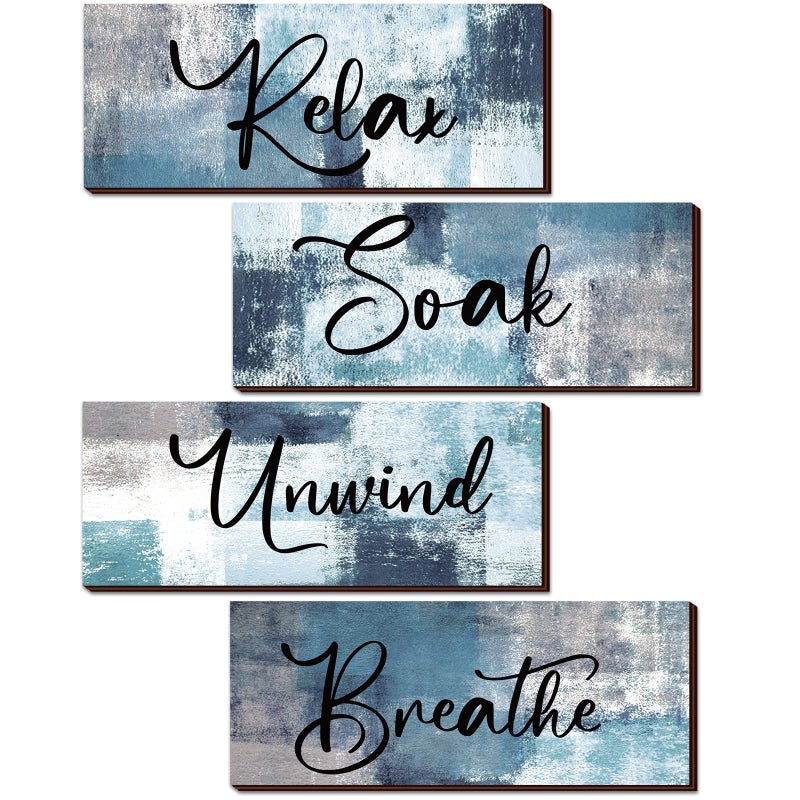 Maitys 4 Pcs Bathroom Wall Decor 10 x 4 Inch Bathroom Wall Art Contemporary Wood Restroom Pictures for Soak Unwind Relax Hanging Sign Spa Rustic Vintage Farmhouse Pediments(Blue, White) - Image 1