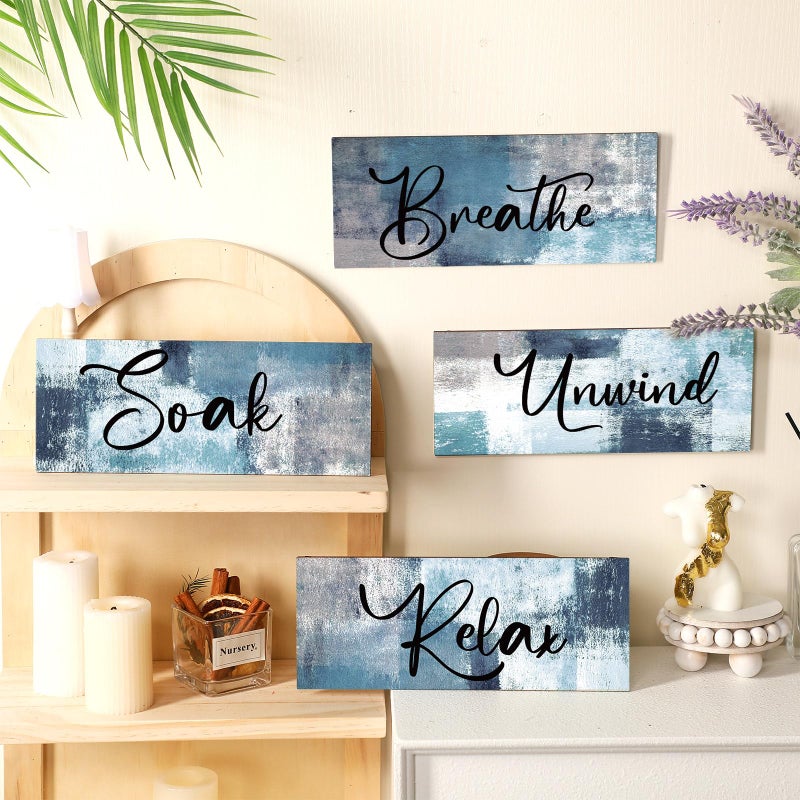 Maitys 4 Pcs Bathroom Wall Decor 10 x 4 Inch Bathroom Wall Art Contemporary Wood Restroom Pictures for Soak Unwind Relax Hanging Sign Spa Rustic Vintage Farmhouse Pediments(Blue, White) - Image 3