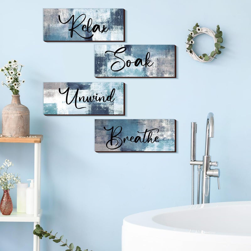 Maitys 4 Pcs Bathroom Wall Decor 10 x 4 Inch Bathroom Wall Art Contemporary Wood Restroom Pictures for Soak Unwind Relax Hanging Sign Spa Rustic Vintage Farmhouse Pediments(Blue, White) - Image 5