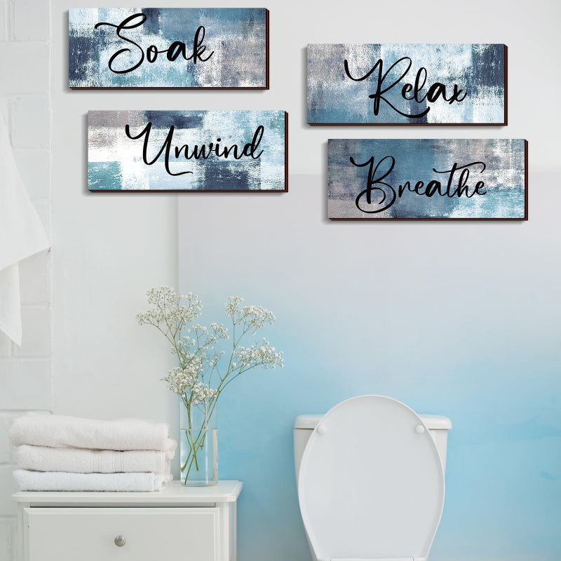 Maitys 4 Pcs Bathroom Wall Decor 10 x 4 Inch Bathroom Wall Art Contemporary Wood Restroom Pictures for Soak Unwind Relax Hanging Sign Spa Rustic Vintage Farmhouse Pediments(Blue, White) - Image 4
