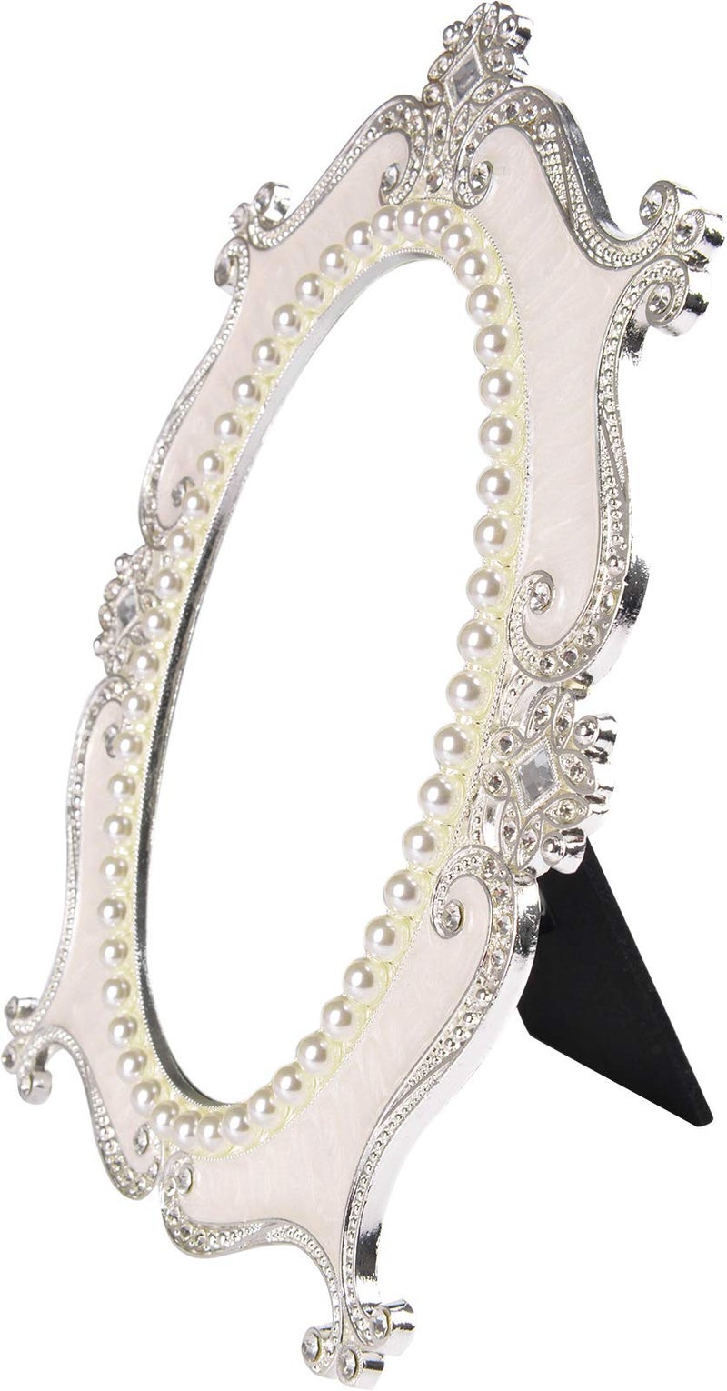 Nerien Decorative Tabletop Oval Mirror Vintage Metal Desktop Mirror with Stand Pearl Floral Frame Makeup Mirror Retro Cosmetic Mirror Countertop Dressing Mirror for Home, Bedroom Decor White-M - Image 3