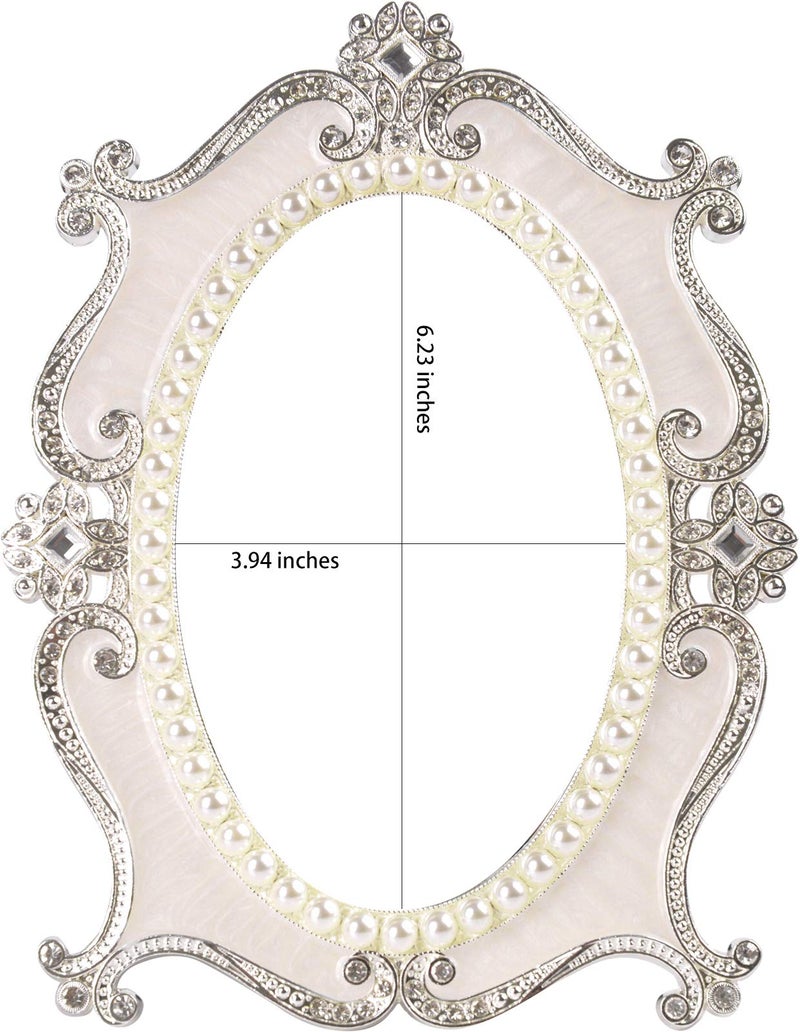 Nerien Decorative Tabletop Oval Mirror Vintage Metal Desktop Mirror with Stand Pearl Floral Frame Makeup Mirror Retro Cosmetic Mirror Countertop Dressing Mirror for Home, Bedroom Decor White-M - Image 2