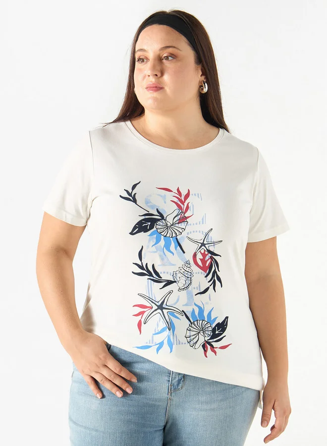 Ulla Popken Plus Size Ulla Popken Printed Round Neck T-shirt with Short Sleeves