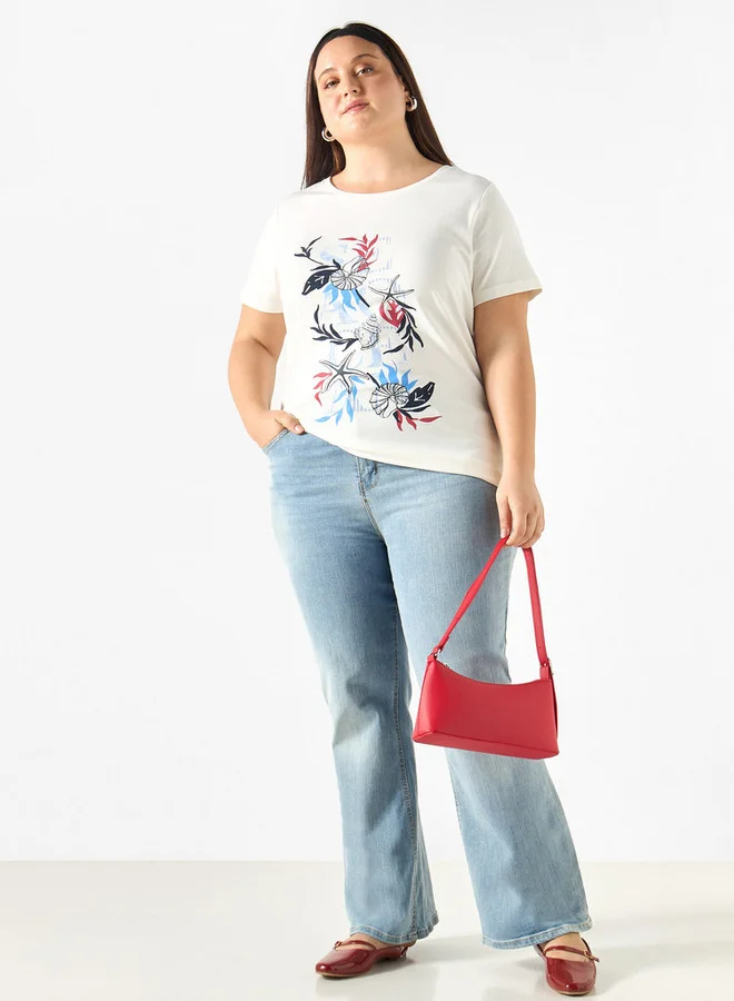 Ulla Popken Plus Size Ulla Popken Printed Round Neck T-shirt with Short Sleeves