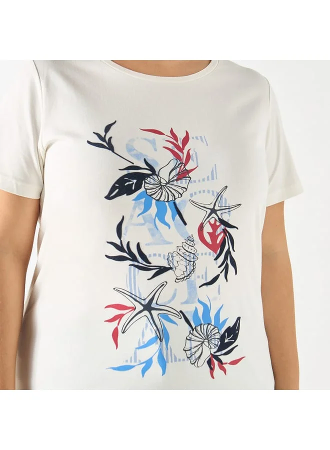 Ulla Popken Plus Size Ulla Popken Printed Round Neck T-shirt with Short Sleeves