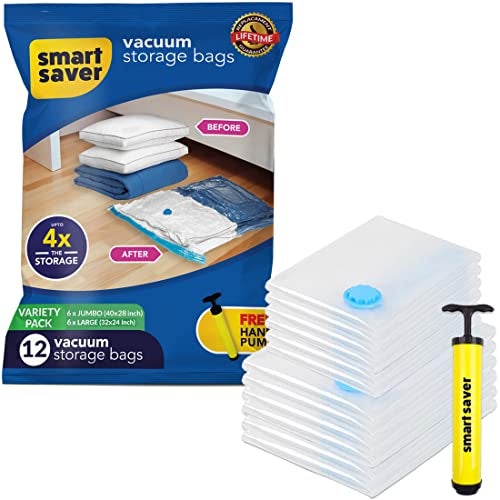 Smart Saver 12 Pack Vacuum Bags For Travel,Spacesaver Bags (6 Jumbo/6 Large) Compression Bags For Clothes, Sealed Airtight Reusable Packing Ziplock Bag With Travelling Handpump,Plastic,White - Image 1
