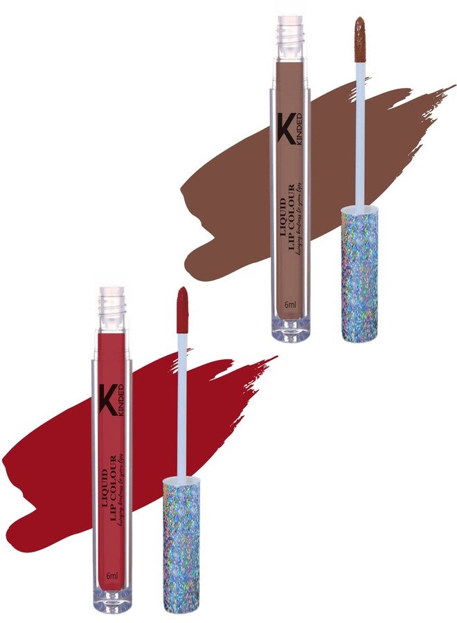 KINDED Liquid Lip Colour Vitamin E Enriched No Transfer Waterproof Long Stay Lipsticks Lip Gloss Set for Girls Women (Pack of 2, 6 ml each, Matte Finish, Shades Brown Temptation & More Maroon) - Image 1