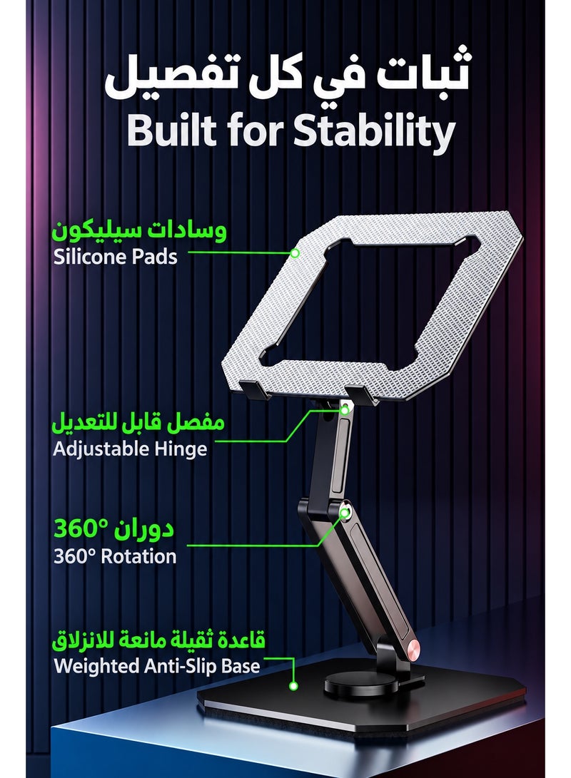 piva Tablet Stand PIVA All-Metal Gaming Tablet Stand, 360° Rotating Adjustable iPad Holder with 180° Multi-Angle Hinges, Heavy-Duty Weighted Base, Foldable Desktop Stand, Open Cooling Design for iPad, Tablets, Gaming, Work & Study - Image 4