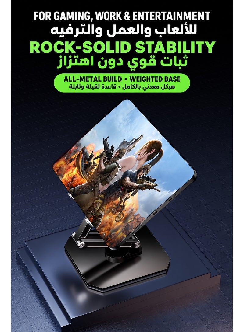 piva Tablet Stand PIVA All-Metal Gaming Tablet Stand, 360° Rotating Adjustable iPad Holder with 180° Multi-Angle Hinges, Heavy-Duty Weighted Base, Foldable Desktop Stand, Open Cooling Design for iPad, Tablets, Gaming, Work & Study - Image 3