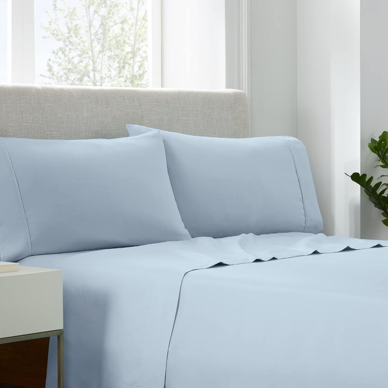 Serta Simply Clean Super Soft Hypoallergenic Stain Resistant Deep Pocket 3 Pieces Solid Bed Sheet Set, Twin, Light Blue - Image 1