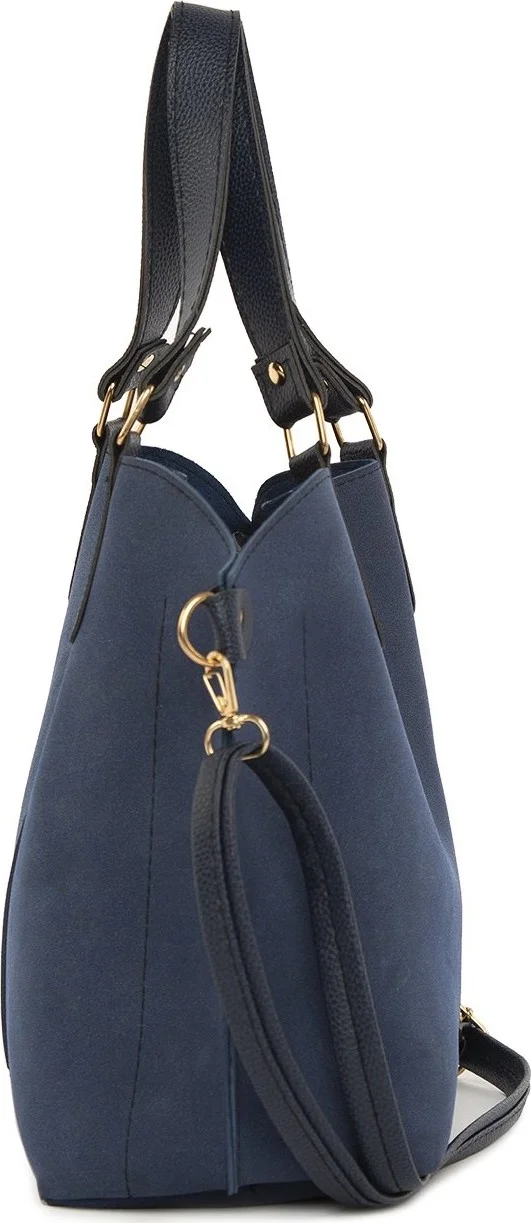 باجموري Navy Blue Three Compartment Nubuck Bag with Snap Detail