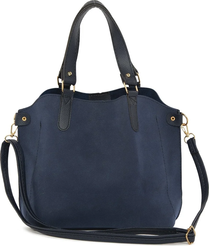 باجموري Navy Blue Three Compartment Nubuck Bag with Snap Detail