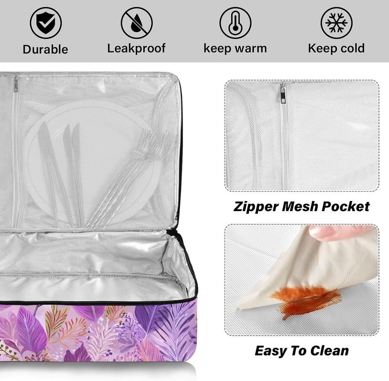 ElliTarr Casserole Carrier Insulated Casserole Dish Carrier Thermal Food Warmer Bag Lasagna Holder Lugger Tote Potluck Containers for Travel Picnic Party Boho Pink Leaf - Image 4